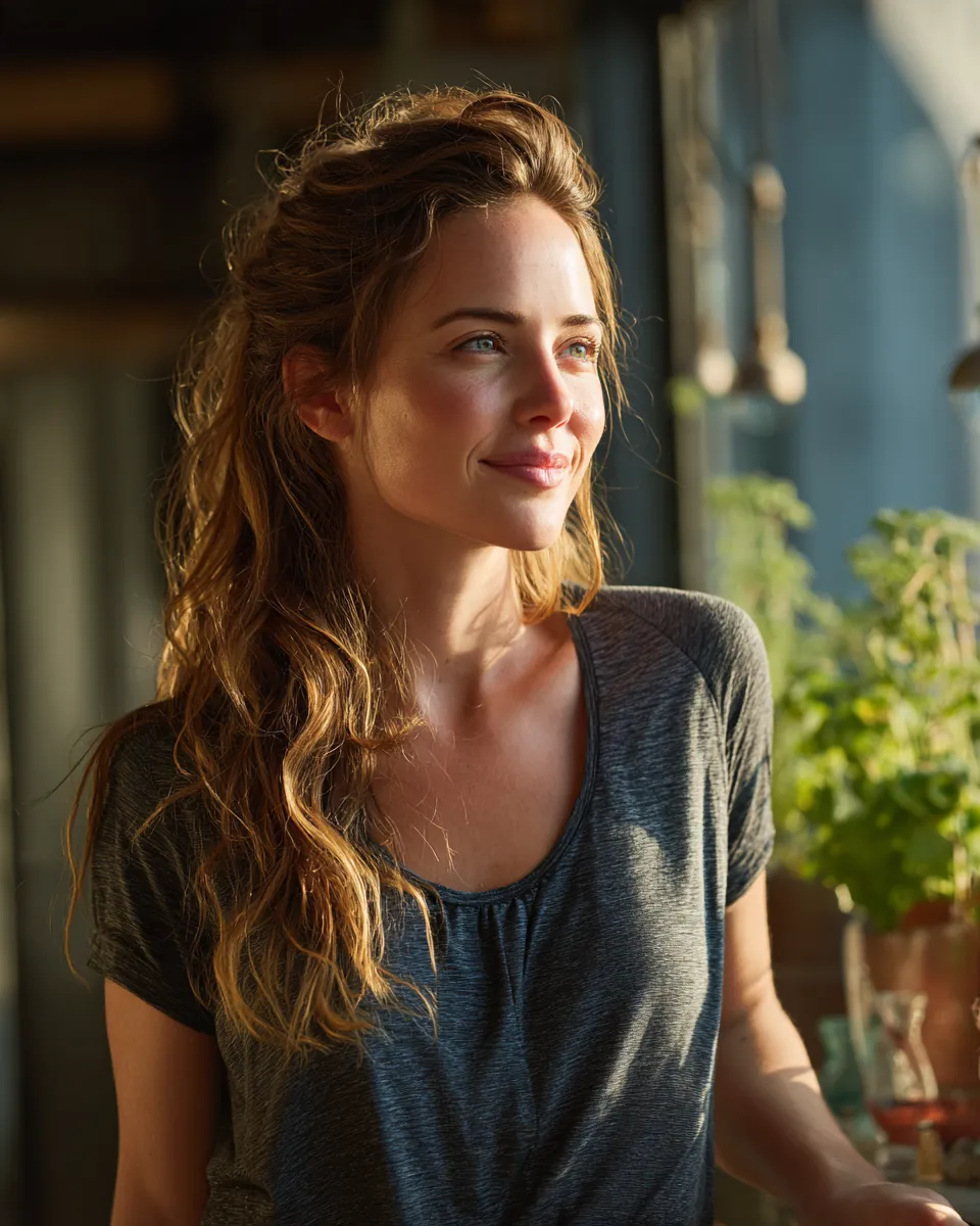 Woman in her early 30s smiling on a sunlit apartment balcony lined with green plants after starting a green path financial loan request